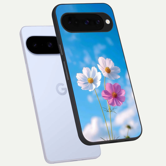  Tripple Flowers With Sky phone case For Google Pixel 10 showing premium glass back cover with detailed artwork