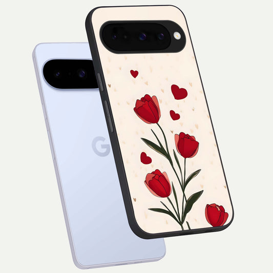  Tulip With Heart phone case For Google Pixel 10 showing premium glass back cover with detailed artwork