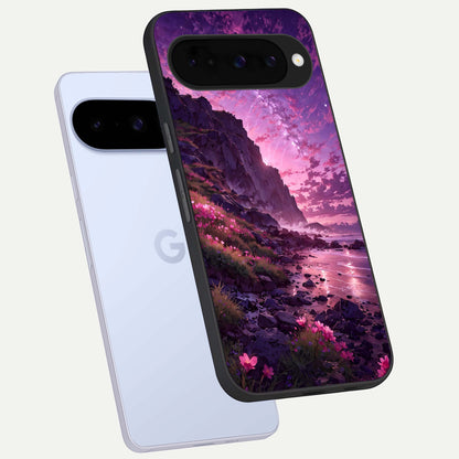  Twilight Blossom Coast phone case For Google Pixel 10 showing premium glass back cover with detailed artwork