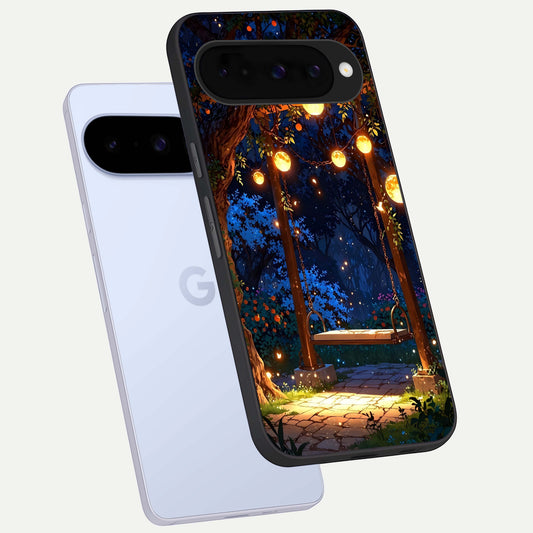  Twilight Garden Swing phone case For Google Pixel 10 showing premium glass back cover with detailed artwork
