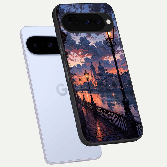  Twilight River Lights phone case For Google Pixel 10 showing premium glass back cover with detailed artwork