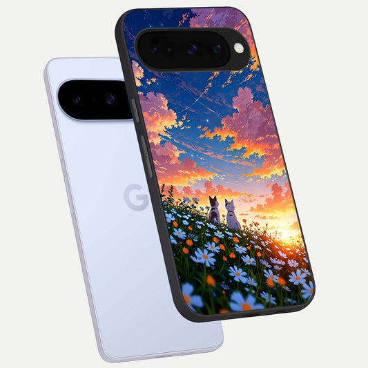  Two Cats Friends phone case For Google Pixel 10 showing premium glass back cover with detailed artwork