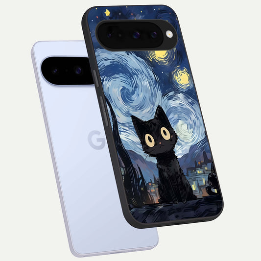  Van Gogh Cat phone case For Google Pixel 10 showing premium glass back cover with detailed artwork