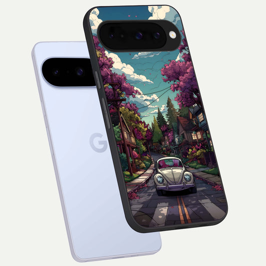  Vintage Street Drive phone case For Google Pixel 10 showing premium glass back cover with detailed artwork