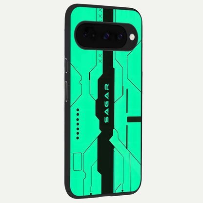  Aqua Tech CYBERPUNK Custom Name back cover For Google Pixel 10 slim fit glass case with vibrant aesthetic design