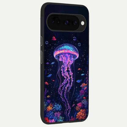  Neon Jellyfish back cover For Google Pixel 10 slim fit glass case with vibrant aesthetic design