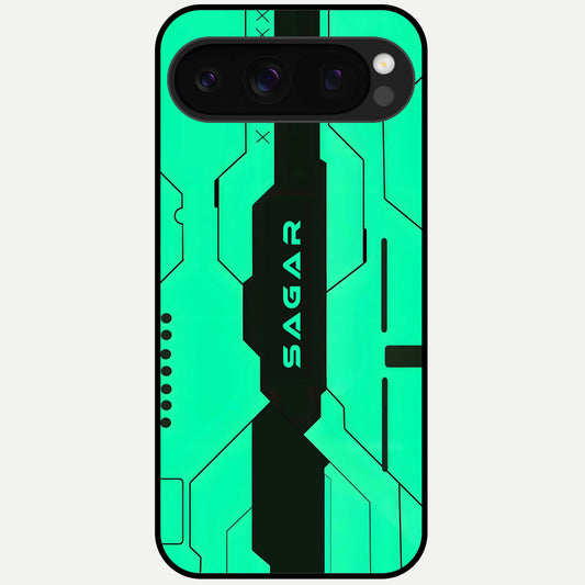  Aqua Tech CYBERPUNK Custom Name Glass Case For Google Pixel 10 Pro back cover – full design glossy printed glass finish