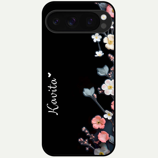  Black Elegance Floral Custom Name Glass Case For Google Pixel 10 Pro back cover – full design glossy printed glass finish