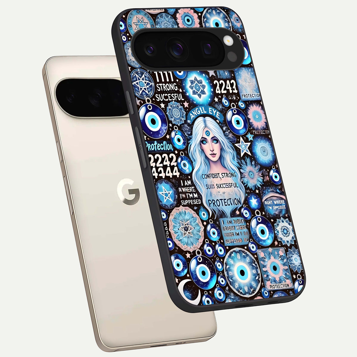  Angel Aura Shield phone case For Google Pixel 10 Pro showing premium glass back cover with detailed artwork