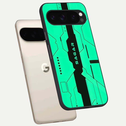  Aqua Tech CYBERPUNK Custom Name phone case For Google Pixel 10 Pro showing premium glass back cover with detailed artwork