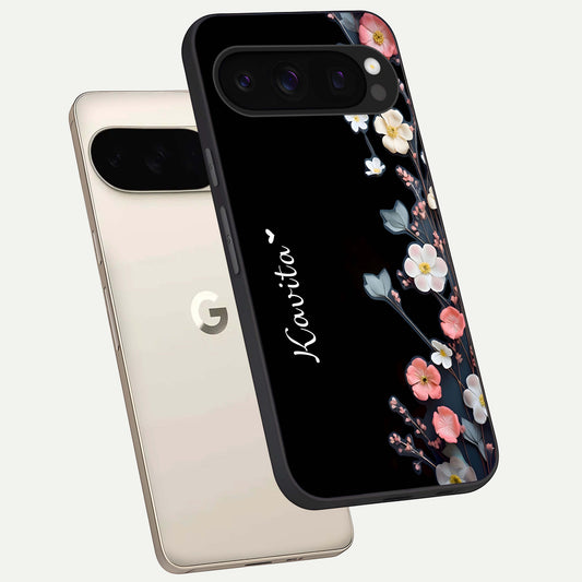  Black Elegance Floral Custom Name phone case For Google Pixel 10 Pro showing premium glass back cover with detailed artwork