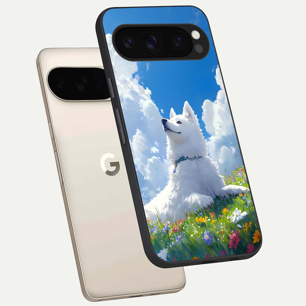  Blissful Cloud Pup phone case For Google Pixel 10 Pro showing premium glass back cover with detailed artwork
