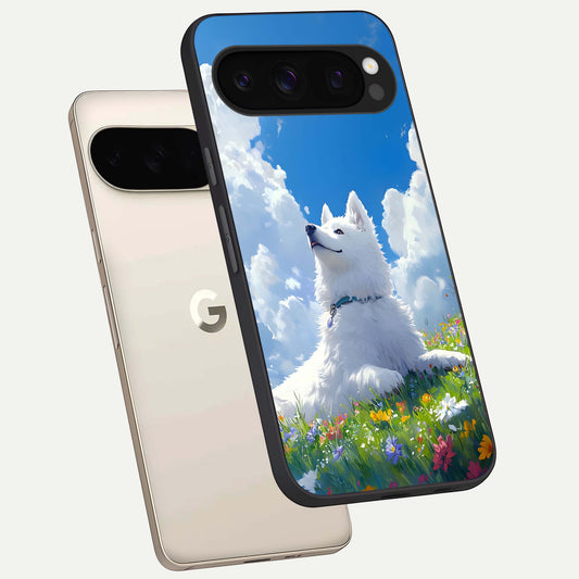  Blissful Cloud Pup phone case For Google Pixel 10 Pro showing premium glass back cover with detailed artwork