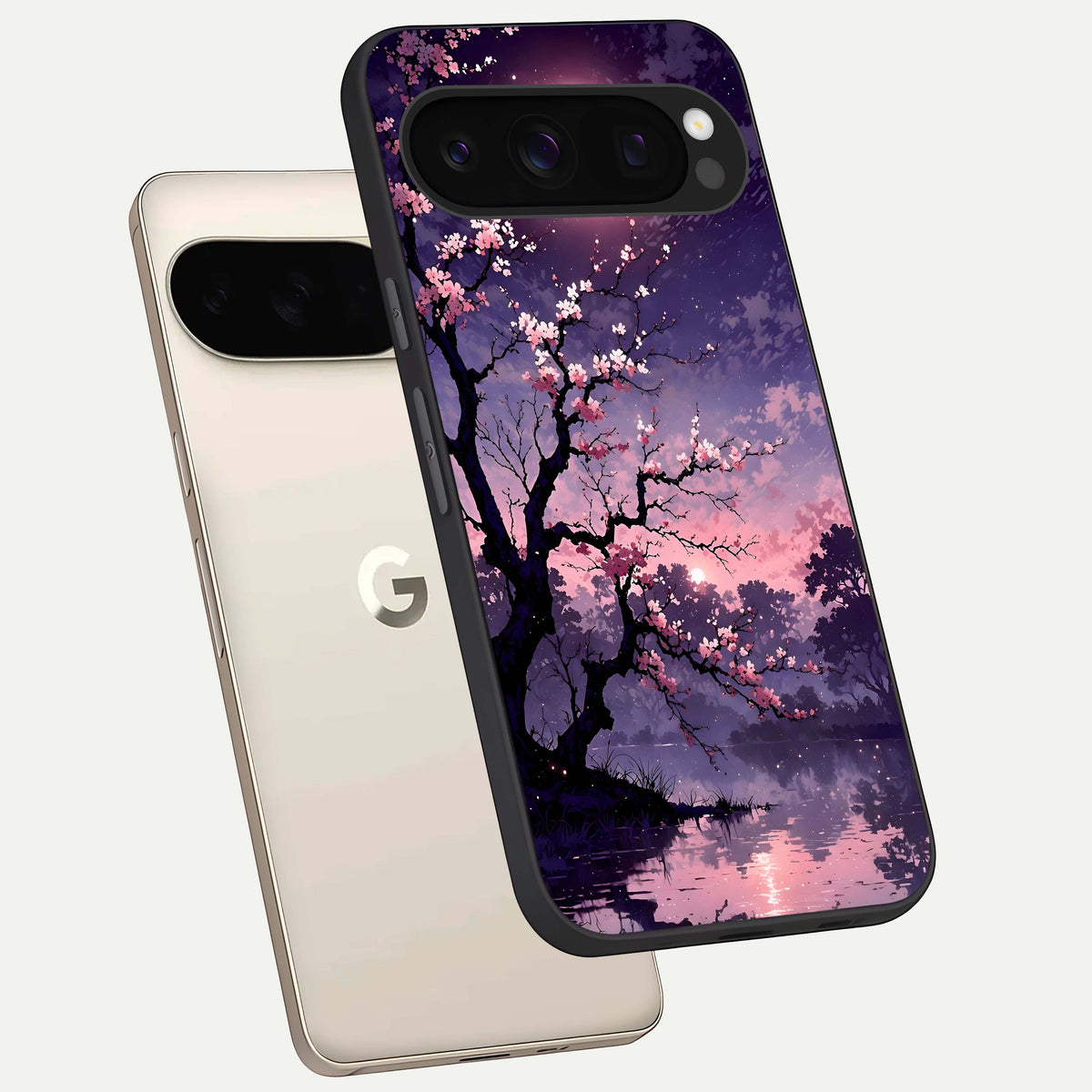  Blossom Pink Moon phone case For Google Pixel 10 Pro showing premium glass back cover with detailed artwork