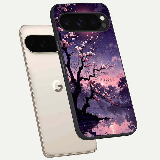  Blossom Pink Moon phone case For Google Pixel 10 Pro showing premium glass back cover with detailed artwork