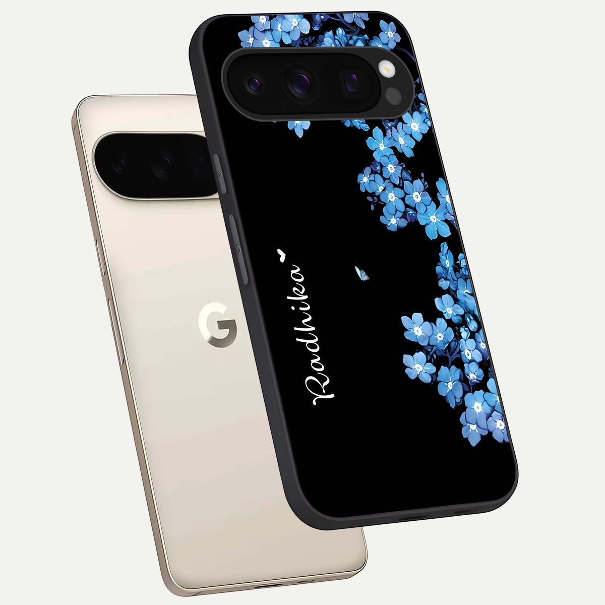  Blue Petal Dream Custom Name phone case For Google Pixel 10 Pro showing premium glass back cover with detailed artwork