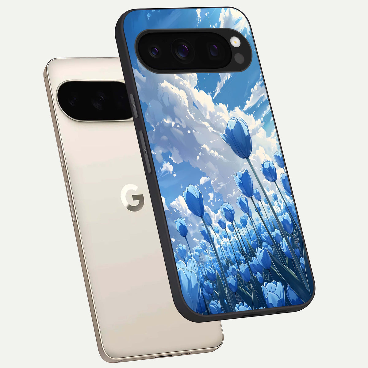  Blue Tulip Clouds phone case For Google Pixel 10 Pro showing premium glass back cover with detailed artwork