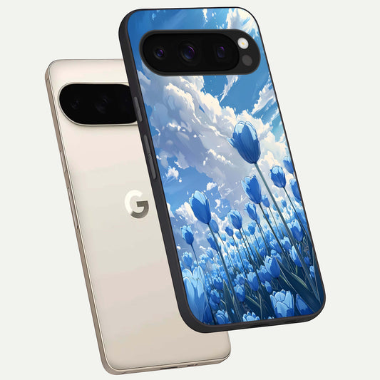  Blue Tulip Clouds phone case For Google Pixel 10 Pro showing premium glass back cover with detailed artwork