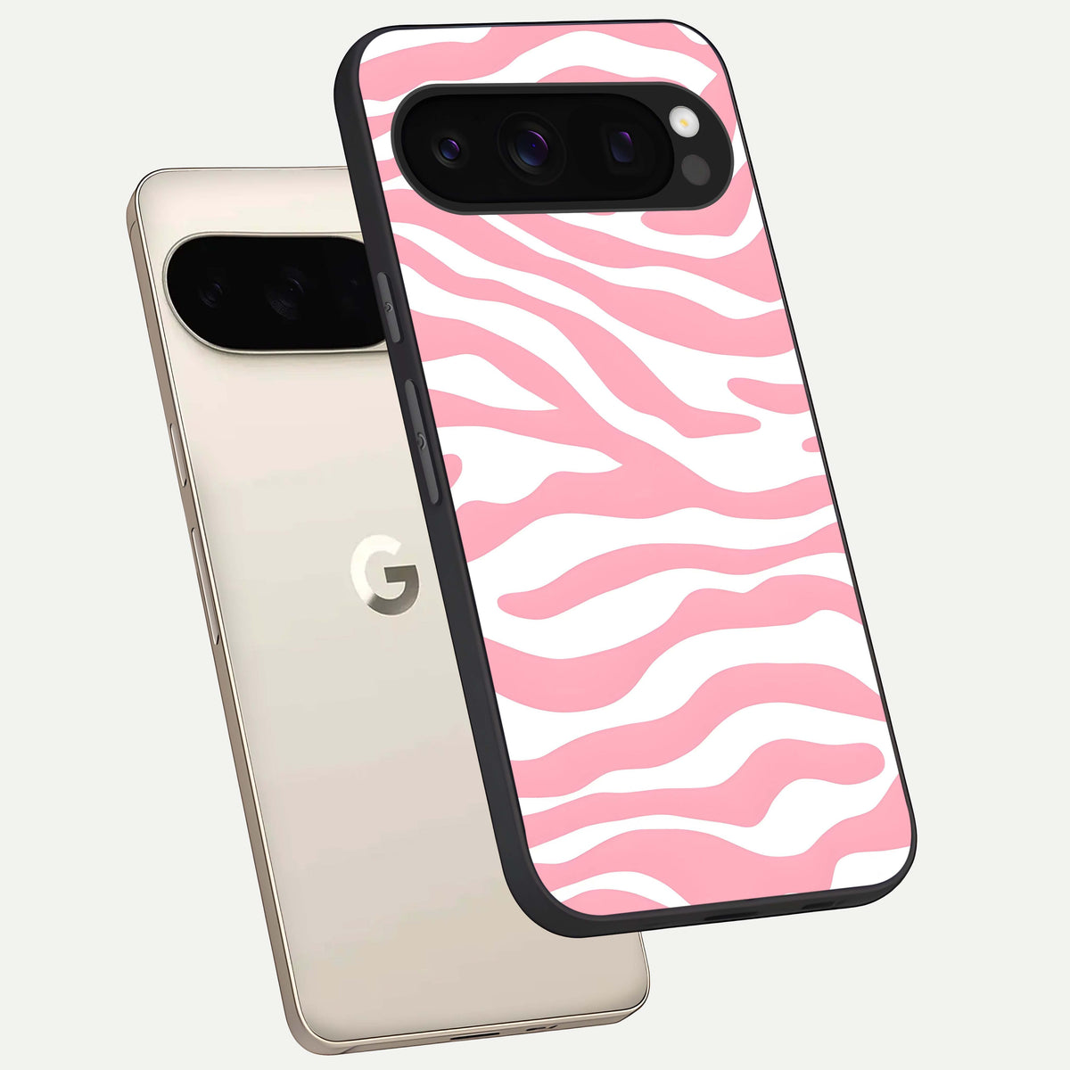  Blush Zebra Flow phone case For Google Pixel 10 Pro showing premium glass back cover with detailed artwork