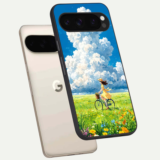  Breezy Meadow Ride phone case For Google Pixel 10 Pro showing premium glass back cover with detailed artwork