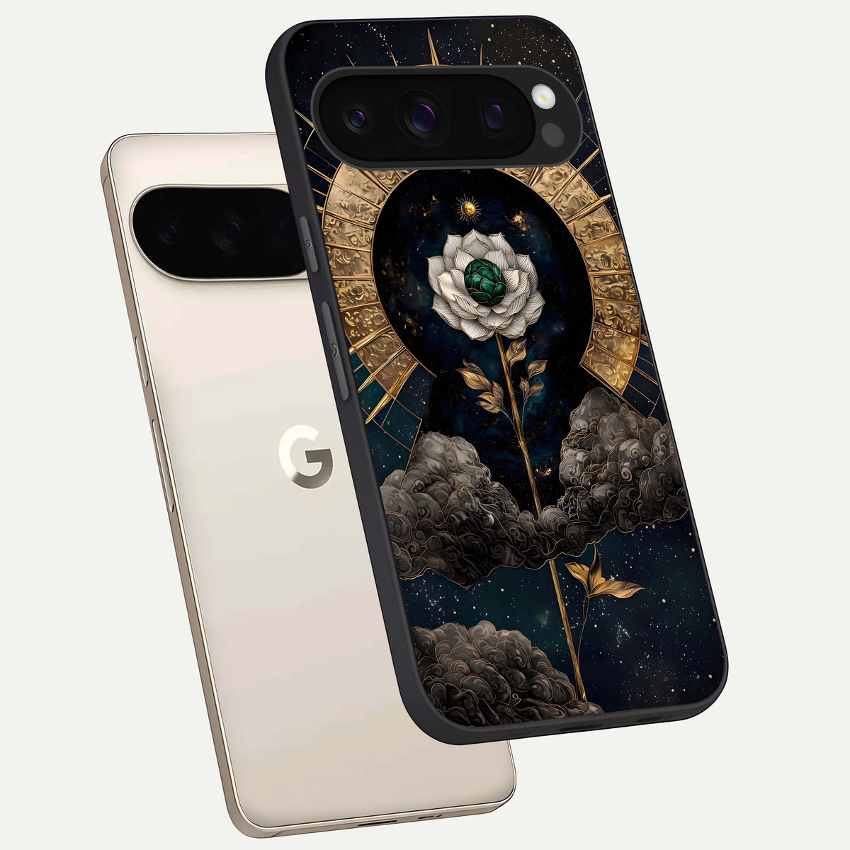  Celestial Lotus Morang phone case For Google Pixel 10 Pro showing premium glass back cover with detailed artwork