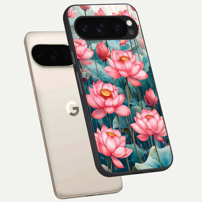  Celestial Pink Lotus phone case For Google Pixel 10 Pro showing premium glass back cover with detailed artwork