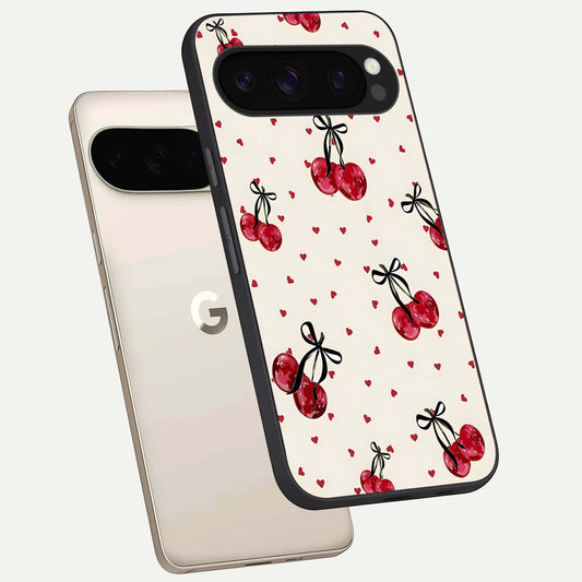  Cherry Heart Bow phone case For Google Pixel 10 Pro showing premium glass back cover with detailed artwork