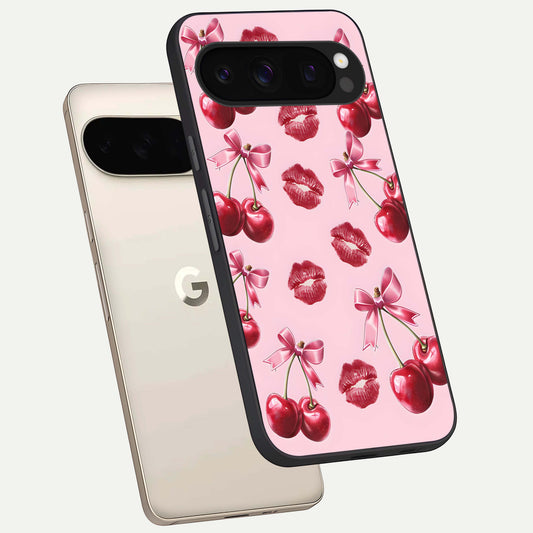  Cherry With Lips phone case For Google Pixel 10 Pro showing premium glass back cover with detailed artwork