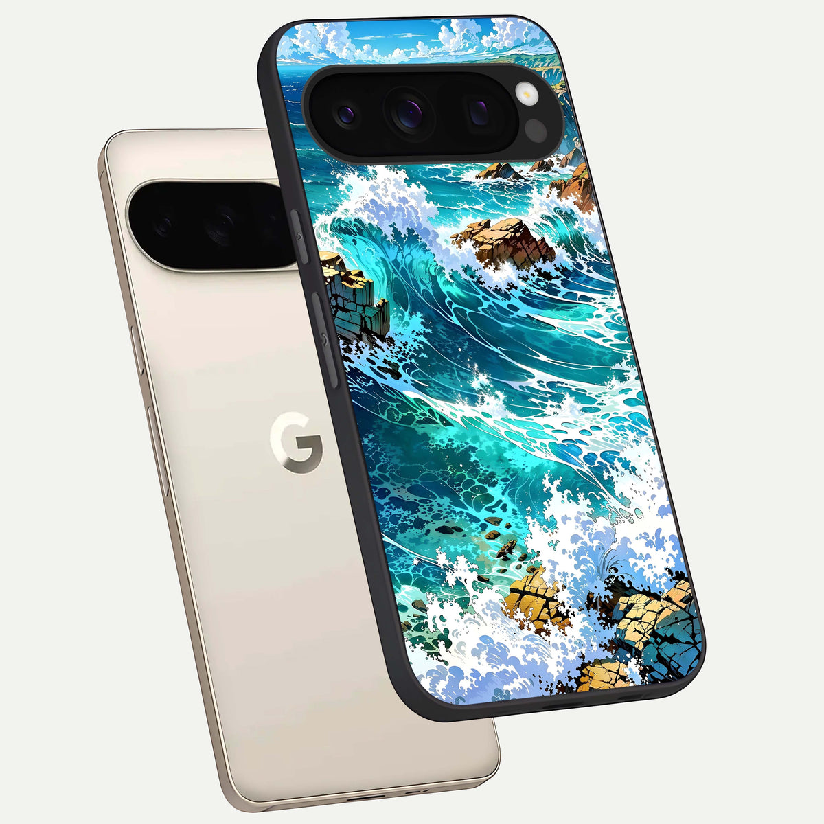  Coastal Blue Waves phone case For Google Pixel 10 Pro showing premium glass back cover with detailed artwork