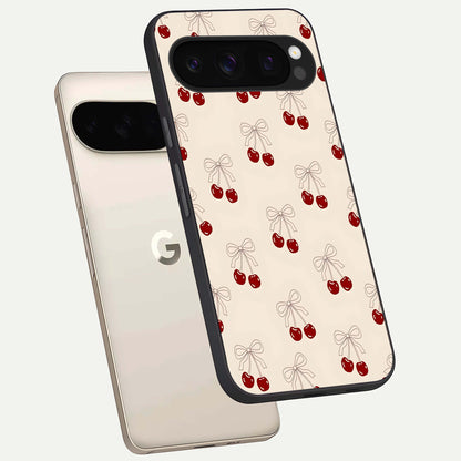  Cute Cherry Pattern phone case For Google Pixel 10 Pro showing premium glass back cover with detailed artwork