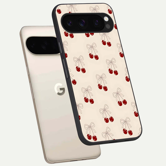  Cute Cherry Pattern phone case For Google Pixel 10 Pro showing premium glass back cover with detailed artwork