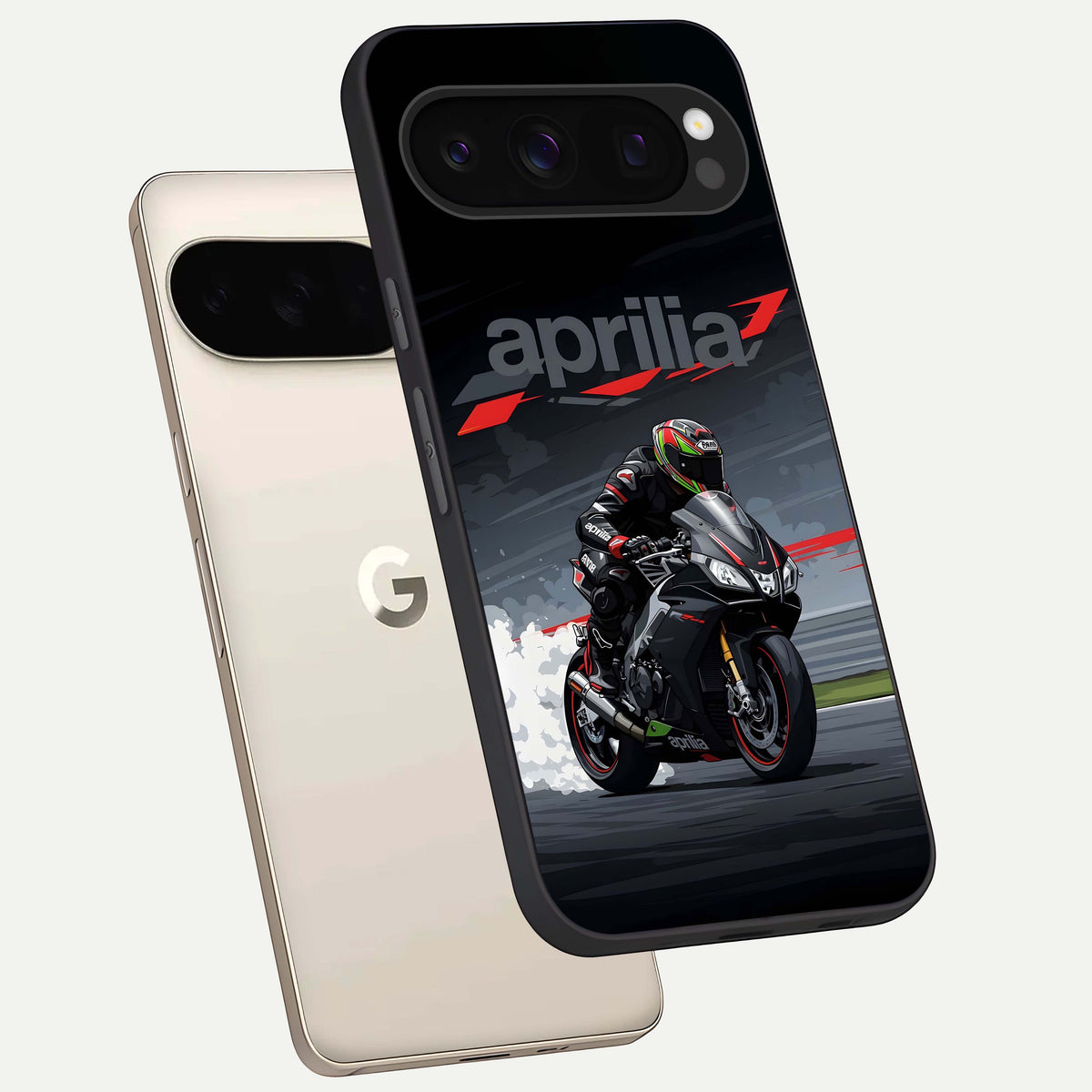  Dark Aprilla phone case For Google Pixel 10 Pro showing premium glass back cover with detailed artwork