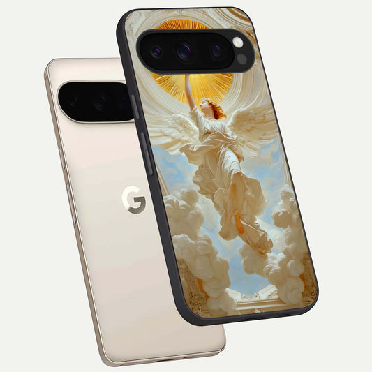  Divine Light Angel phone case For Google Pixel 10 Pro showing premium glass back cover with detailed artwork