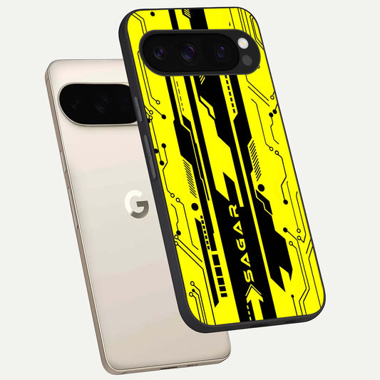  Electric Pulse CYBERPUNK Custom Name phone case For Google Pixel 10 Pro showing premium glass back cover with detailed artwork