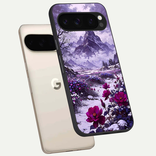  Flower Mountain View phone case For Google Pixel 10 Pro showing premium glass back cover with detailed artwork