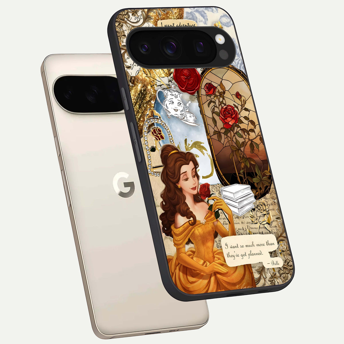  Golden Dream Belle phone case For Google Pixel 10 Pro showing premium glass back cover with detailed artwork