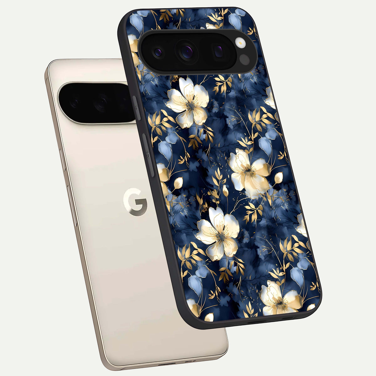  Golden Midnight Bloom phone case For Google Pixel 10 Pro showing premium glass back cover with detailed artwork