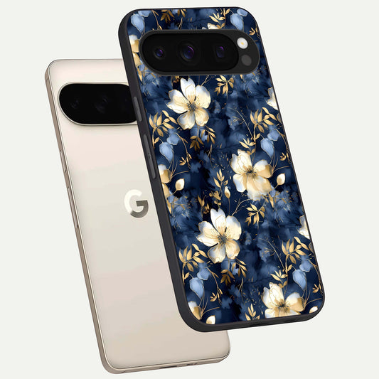  Golden Midnight Bloom phone case For Google Pixel 10 Pro showing premium glass back cover with detailed artwork