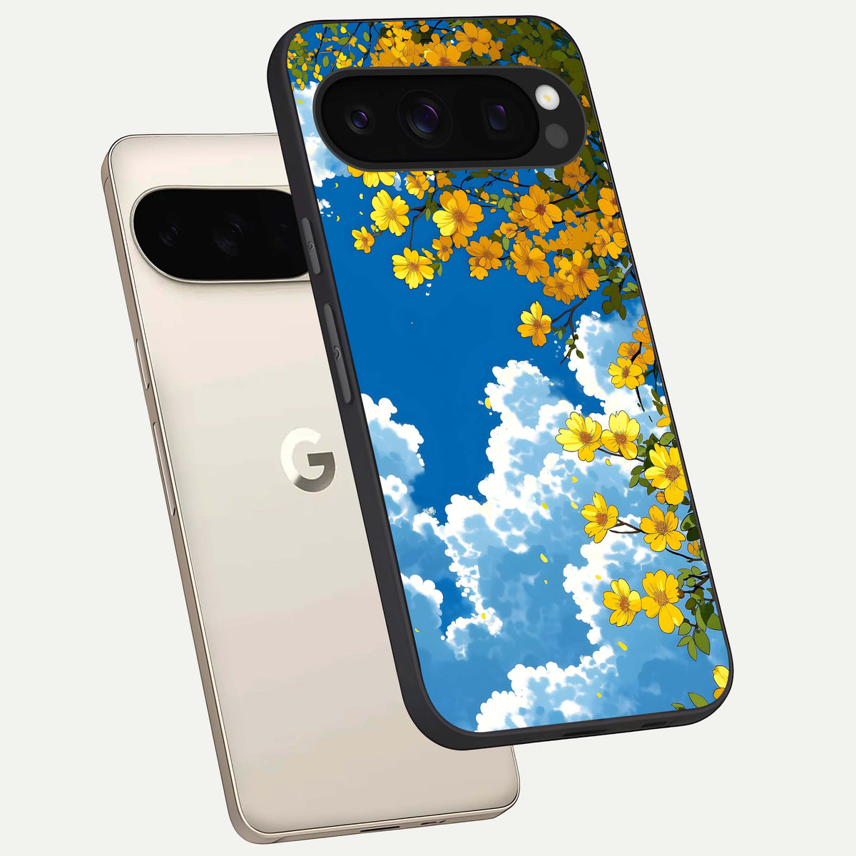  Golden Petal Sky phone case For Google Pixel 10 Pro showing premium glass back cover with detailed artwork