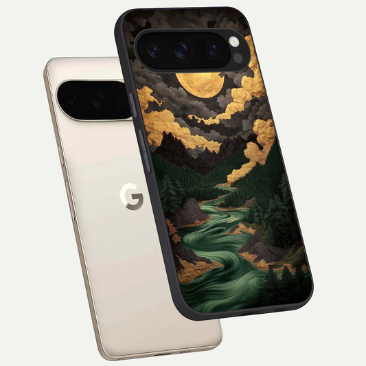  Golden River Moon phone case For Google Pixel 10 Pro showing premium glass back cover with detailed artwork