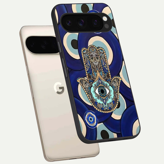  Hamsa Divine Guard phone case For Google Pixel 10 Pro showing premium glass back cover with detailed artwork