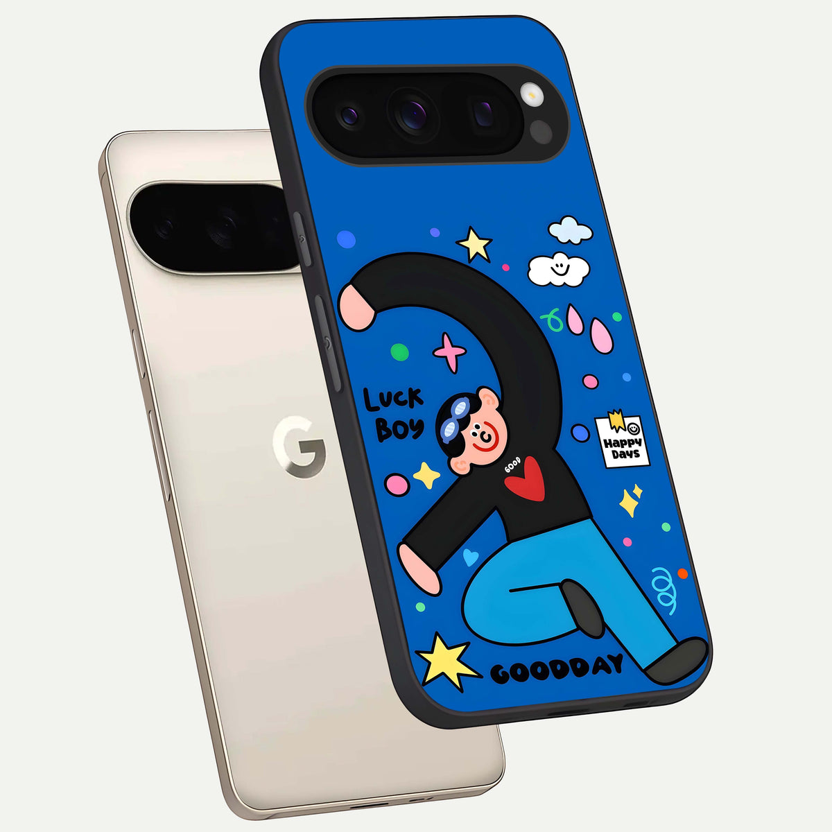  Happy Luck Vibe phone case For Google Pixel 10 Pro showing premium glass back cover with detailed artwork