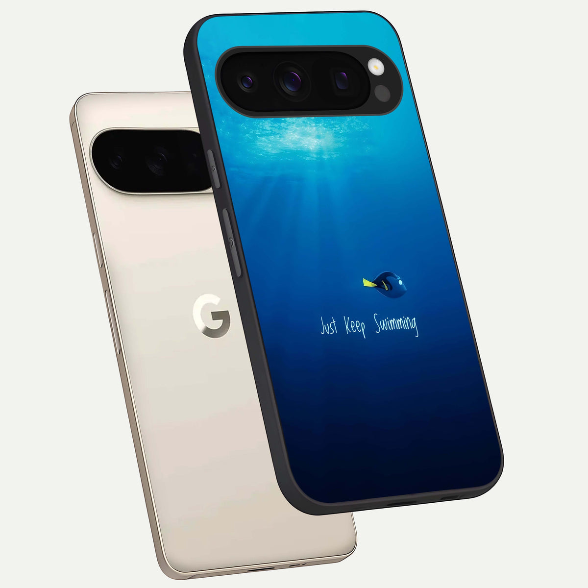  Just Keep Swimming phone case For Google Pixel 10 Pro showing premium glass back cover with detailed artwork