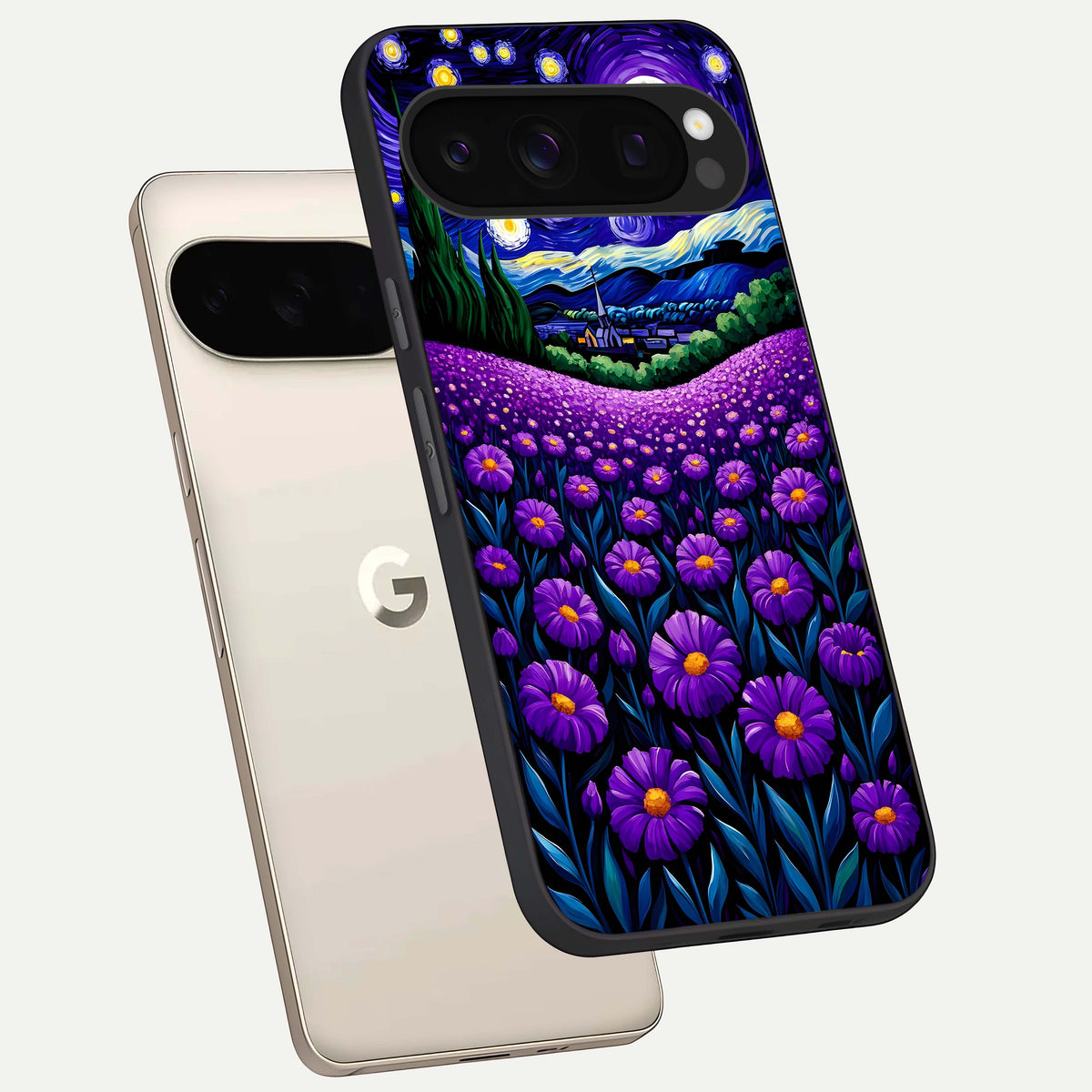  Lavender Moon Field phone case For Google Pixel 10 Pro showing premium glass back cover with detailed artwork