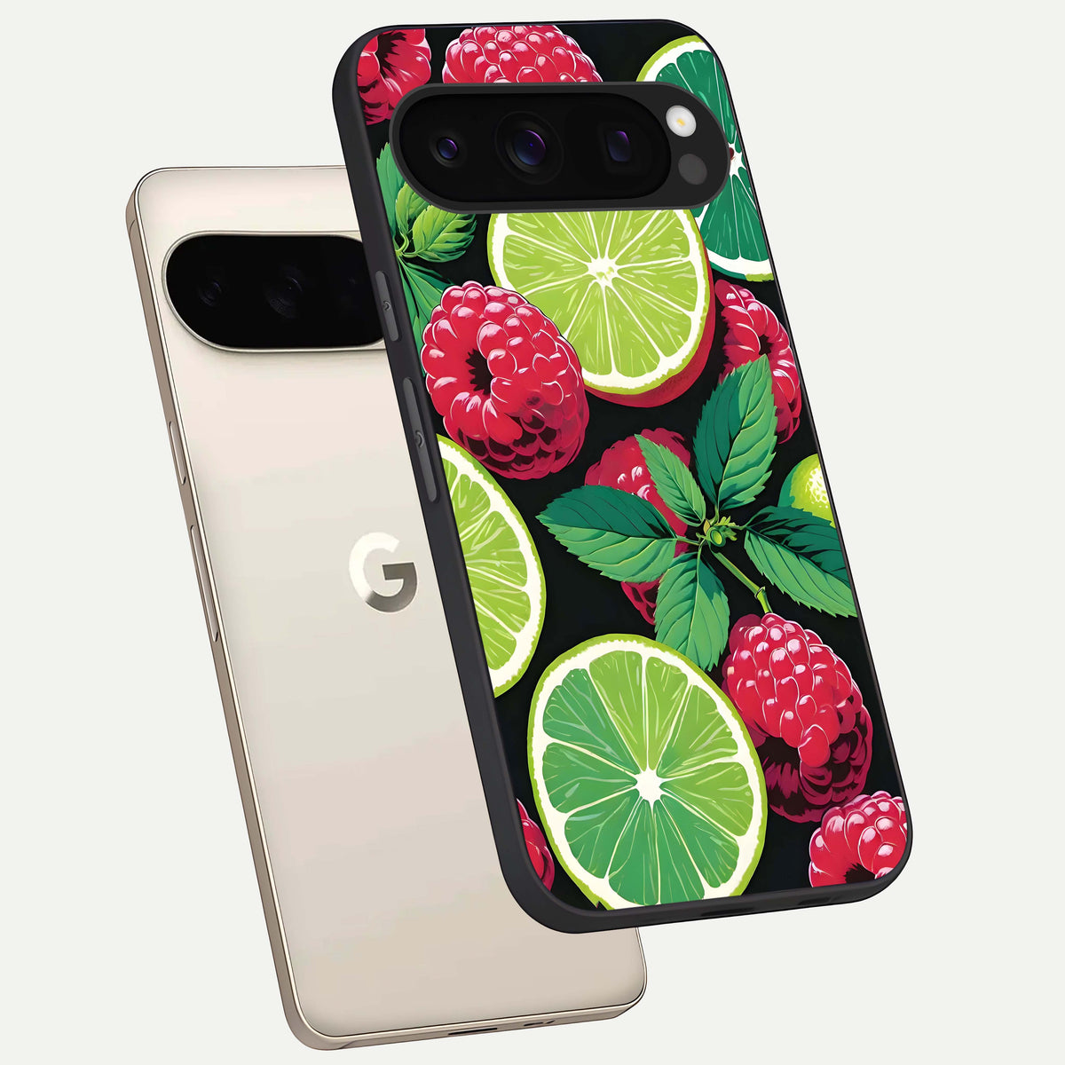  Lime and Raspberry Pattern phone case For Google Pixel 10 Pro showing premium glass back cover with detailed artwork