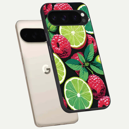  Lime and Raspberry Pattern phone case For Google Pixel 10 Pro showing premium glass back cover with detailed artwork