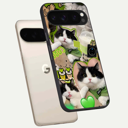  Matcha Cats Mood phone case For Google Pixel 10 Pro showing premium glass back cover with detailed artwork