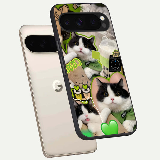  Matcha Cats Mood phone case For Google Pixel 10 Pro showing premium glass back cover with detailed artwork