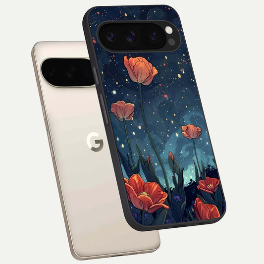  Midnight Tulip Glow phone case For Google Pixel 10 Pro showing premium glass back cover with detailed artwork