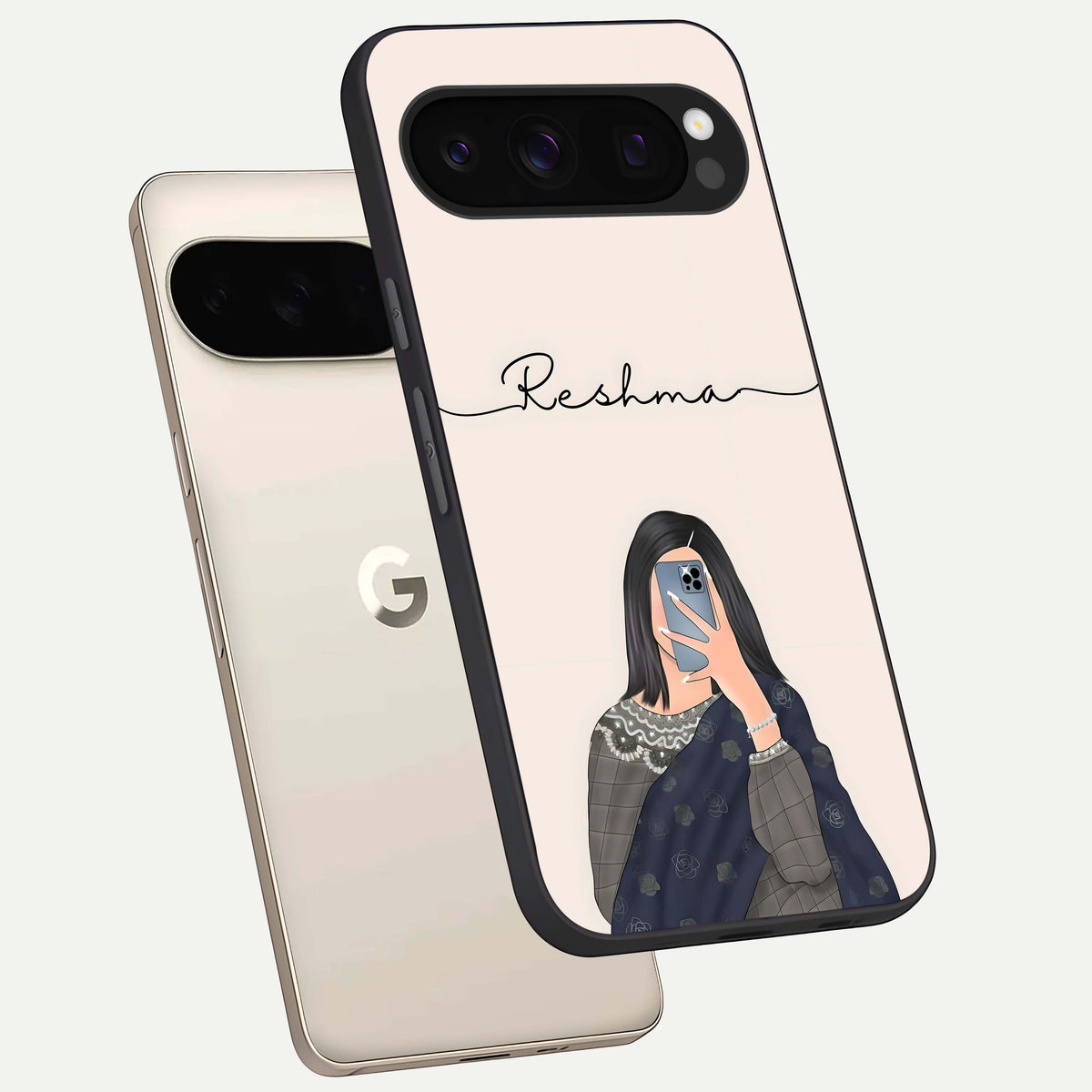  Mirror Mood Muse With Custom Name phone case For Google Pixel 10 Pro showing premium glass back cover with detailed artwork
